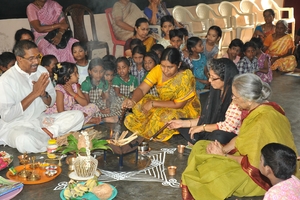 Ms. Lakshmi Gopal, Ms. Neena and Ms. Sumana praying for a victorious venture and performing the havan